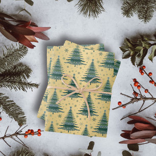 Hoja De Papel De Regalo Patrón de árboles verdes de los Navidades de oro m