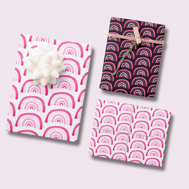 Hoja De Papel De Regalo Patrón de arcoíris rosa (Mixed pack of rainbow wrapping paper sheets.  Colorful pink rainbows with white or black background.)
