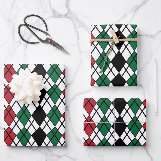 Hoja De Papel De Regalo Patrón de argenilo rojo verde negro (Anverso)