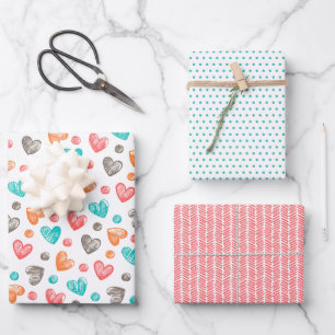 Hoja De Papel De Regalo Patrón de arte de corazón azul acuático rosa coral