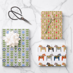 Hoja De Papel De Regalo Patrón De Arte Folclórico Sueco Dala Caballo Y Flo