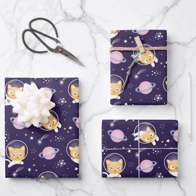 Hoja De Papel De Regalo Patrón de astronautas de gatos gatitos (Anverso)