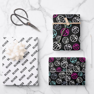 Hoja De Papel De Regalo Patrón de Balón de Baloncesto Deporte Negro y Blan