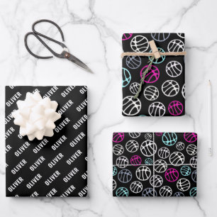 Hoja De Papel De Regalo Patrón de Balón de Baloncesto Deporte Negro y Blan