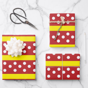 Hoja De Papel De Regalo Patrón de bandas de puntos de polka amarillo rojo