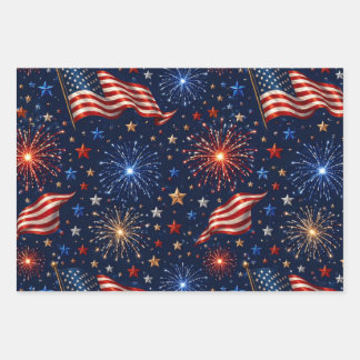 Hoja De Papel De Regalo Patrón de Bandera de Fuegos Artificiales Patriótic