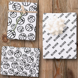Hoja De Papel De Regalo Patrón de bola de baloncesto Nombre blanco y negro