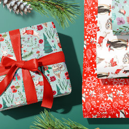 Hoja De Papel De Regalo Patrón de bosque de invierno de Woodland Blue & Re