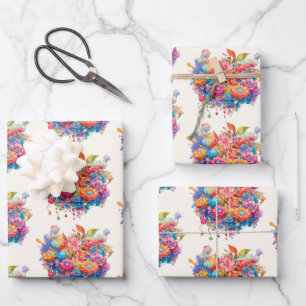 Hoja De Papel De Regalo Patrón de Bouquet de flores en Naranja rosa y azul