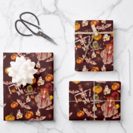 Hoja De Papel De Regalo Patrón de brujas y esqueletos de Halloween gótico