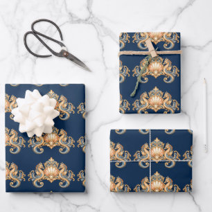 Hoja De Papel De Regalo Patrón de caballito de mar decoupage azul naranja