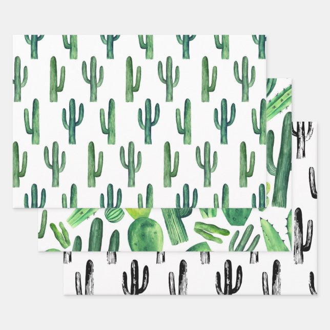 Hoja De Papel De Regalo Patrón de cactus acuarela. Cacti moderno verde (Set)