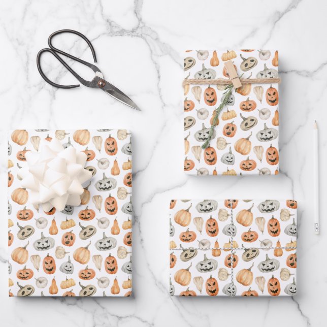 Hoja De Papel De Regalo Patrón de calabaza de acuarela divertida (Anverso)