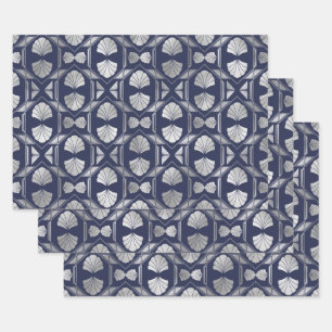 Hoja De Papel De Regalo Patrón de caparazón azul y plateado art decó de