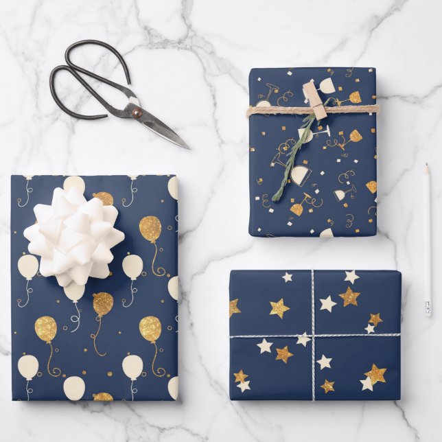 Hoja De Papel De Regalo Patrón De Celebración Azul Y Oro (Anverso)