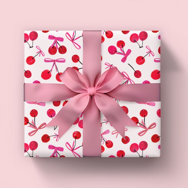Hoja De Papel De Regalo Patrón de cerezas y arcos (Coquette cherry and bow girly pattern wrapping paper rolls. Great for girls birthday or baby shower.)