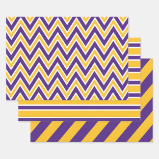 Hoja De Papel De Regalo Patrón de Chevron y Rayas en Púrpura, Dorado y Bla