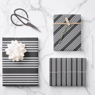 Hoja De Papel De Regalo Patrón de cinco rayas de gris claro y carbón veget
