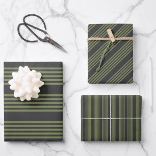 Hoja De Papel De Regalo Patrón de cinco rayas de oliva verde y carbón vege