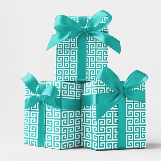 Hoja De Papel De Regalo Patrón de claves griega-turquesa y blanca (Turquoise and White Greek Key Pattern Wrapping Paper Sheets)