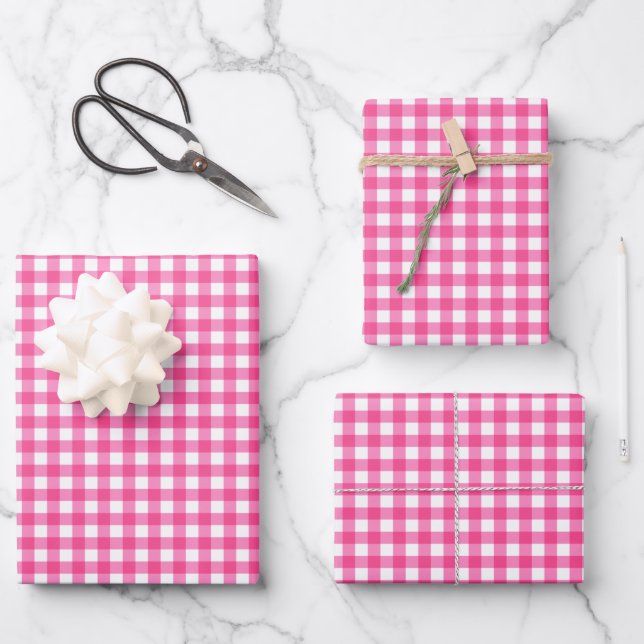 Hoja De Papel De Regalo Patrón de comprobación de Gingham rosa caliente (Anverso)