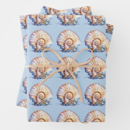 Hoja De Papel De Regalo Patrón de concha azul boda de playa marfil