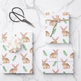 Hoja De Papel De Regalo Patrón de conejo de Pascua marrón y vegetación en