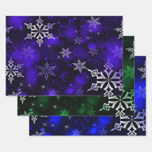 Hoja De Papel De Regalo Patrón de copos de nieve azul de la esmeralda y re
