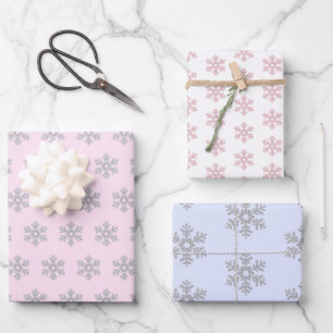 Hoja De Papel De Regalo Patrón de copos de nieve Azul rosa Navidades blanc