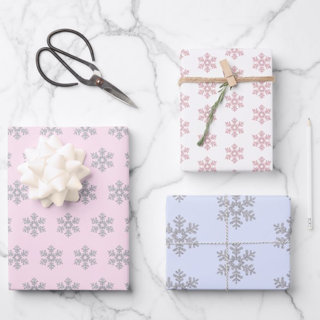 Hoja De Papel De Regalo Patrón de copos de nieve Azul rosa Navidades blanc (Anverso)