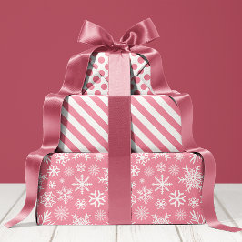 Hoja De Papel De Regalo Patrón de copos de nieve de Navidad rosados y blan