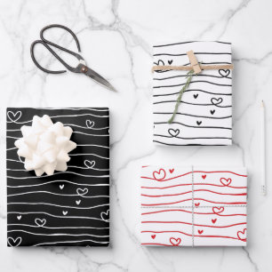 Hoja De Papel De Regalo Patrón De Corazón De Amor Negro, Blanco Y Rojo
