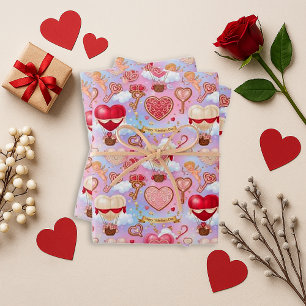 Hoja De Papel De Regalo Patrón de corazón de San Valentín de globo aerostá