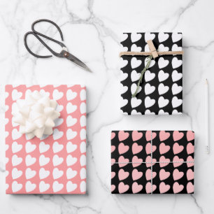 Hoja De Papel De Regalo Patrón de corazón en negro, blanco y rosa