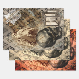 Hoja De Papel De Regalo Patrón de cosecha de búho y cráneo de Halloween