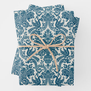 Hoja De Papel De Regalo Patrón de cosecha de color azul y blanco floral