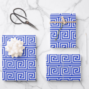Hoja De Papel De Regalo Patrón de cuadrados de clave Meandro griego azul