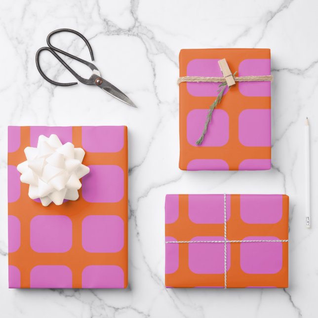 Hoja De Papel De Regalo Patrón de cuadrícula geométrica rosa y Naranja bri (Anverso)