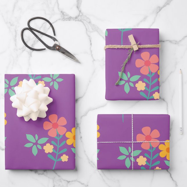 Hoja De Papel De Regalo Patrón de Daisy Bouquet retro en morado (Anverso)