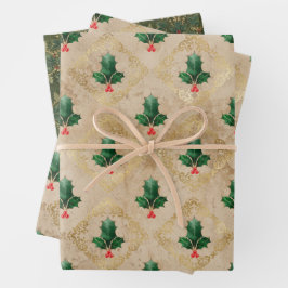Hoja De Papel De Regalo Patrón de damasco de acebo vintage