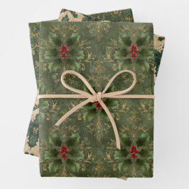 Hoja De Papel De Regalo Patrón de damasco de acebo vintage