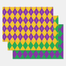 HOJA DE PAPEL DE REGALO PATRÓN DE DIAMANTE PURPLE GREEN GOLD MARDI GRAS