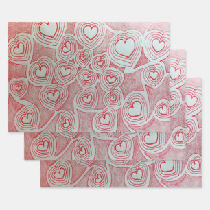 Hoja De Papel De Regalo Patrón de dibujos de caricaturas de corazones rojo