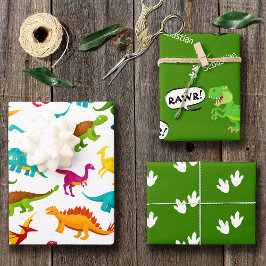 Hoja De Papel De Regalo Patrón de dinosaurio colorido con nombre