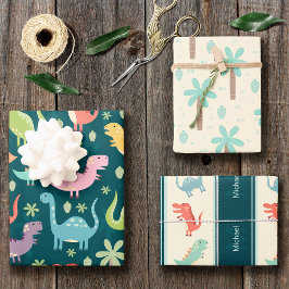 Hoja De Papel De Regalo Patrón de dinosaurios Azul Monogramado Niño Fiesta