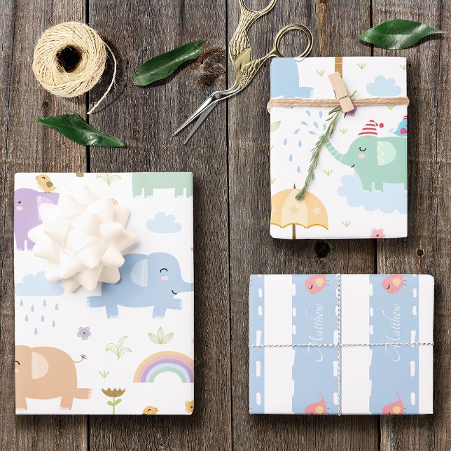 Hoja De Papel De Regalo Patrón de elefante azul pastel para niño pequeño F (Subido por el creador)
