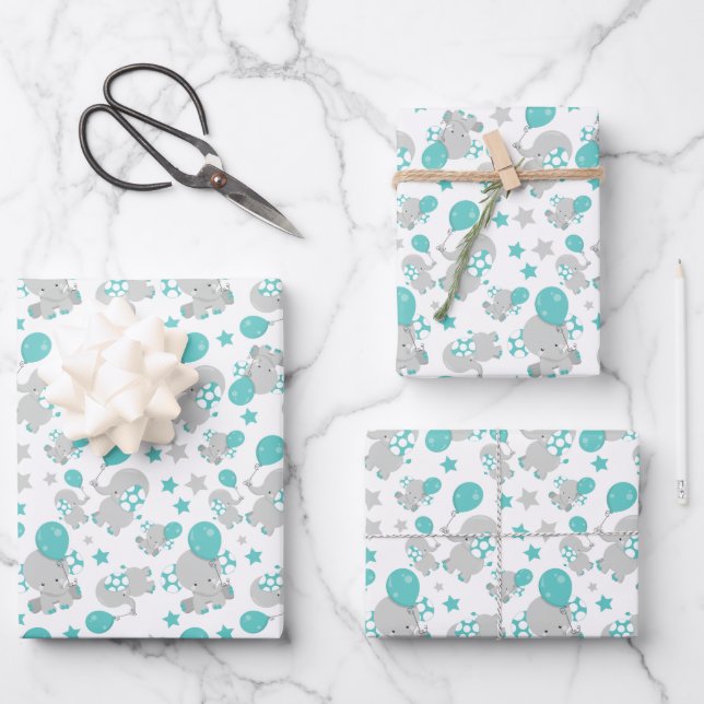 Hoja De Papel De Regalo Patrón de Elefantes, Elefantes Cutos - Gris Azul (Anverso)