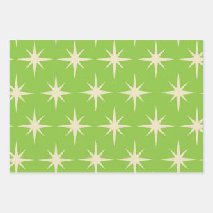 Hoja De Papel De Regalo Patrón de estrellas atómicas retro en verde lima