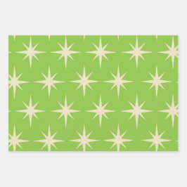 Hoja De Papel De Regalo Patrón de estrellas atómicas retro sobre verde lim