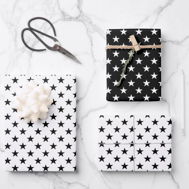 Hoja De Papel De Regalo Patrón De Estrellas Cutas Blanco Y Negro (Anverso)